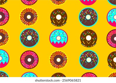 The pattern of colorful donut pattern with various frosting and sprinkle designs. Donuts pattern background. Perfect for textile, fabric, packaging product, backdrop, wallpaper and wrapping paper.