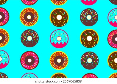 The pattern of colorful donut pattern with various frosting and sprinkle designs. Donuts pattern background. Perfect for textile, fabric, packaging product, backdrop, wallpaper and wrapping paper.