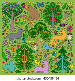 Pattern of colorful doodle forest animals and plants. Vector illustration of childish woodland