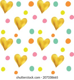 Pattern of colorful dots and golden hearts