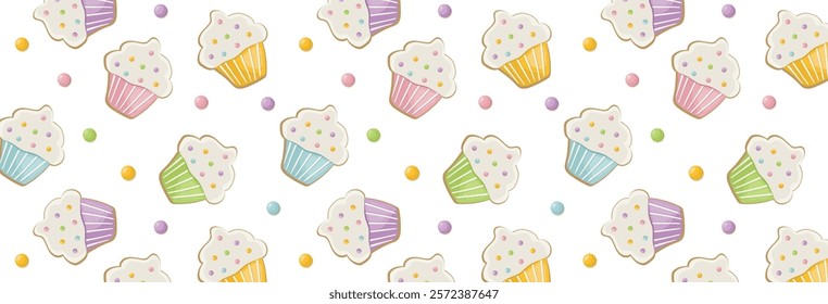 Pattern of Colorful Easter or birthday cupcakes with sweet pea sprinkles. Festive seamless background for happy easter. Vector wallpaper with holiday food for wrapping paper, design, decoration.