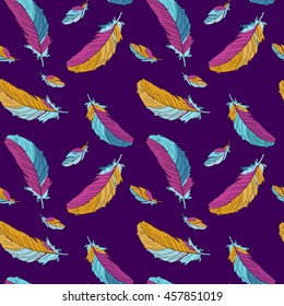 Pattern of colorful feathers on violel background
