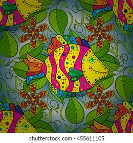 Pattern with colorful fish on dark gradient blue background. Vector illustration.