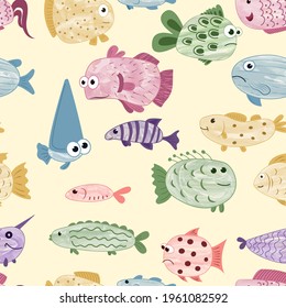 pattern with colorful fish on a yellow background