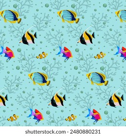 Pattern with colorful fish.Vector seamless pattern with colorful fish on a colored background with bubbles.