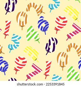 A pattern of colorful flat objects for candles with an anniversary number. Cartoon candles for a birthday cake in a seamless pattern. Background for holiday packaging, postcards, banners