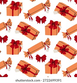 Un patrón de coloridas cajas de regalo de color naranja plano en varias Formas con arcos. Diseños festivos de papel de regalo, estampados textiles de temporada o fondos para vacaciones de invierno
