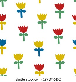 Сute pattern with colorful flowers in decorative minimalistic  style . Flower repeated texture for stylish fabric design, wallpaper, dresses or wrapping paper. 
