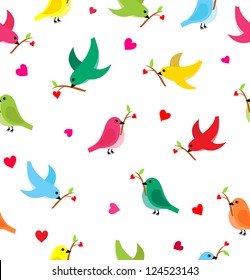 Pattern with colorful flying birds carrying a branch with a heart isolated on white. Seamless pattern can be used for wallpaper, pattern fills, web page background,surface textures.