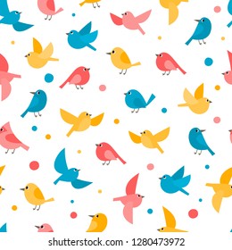 Pattern with colorful flying birds isolated on white. Vector spring seamless pattern can be used for wallpaper, pattern fills, web page background,surface textures.