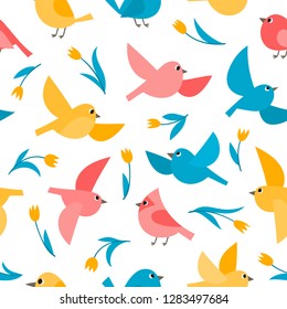 Pattern with colorful flying birds isolated on white. Vector spring seamless pattern can be used for wallpaper, pattern fills, web page background,surface textures.