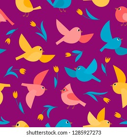 Pattern with colorful flying birds isolated on violet. Vector spring seamless pattern can be used for wallpaper, pattern fills, web page background,surface textures.