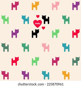 Pattern with colorful funny cats and a couple of lovers. Vector background