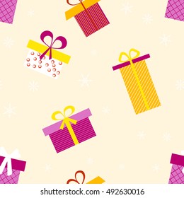 Pattern with colorful gift boxes on light background. Vector illustration for Christmas design or birthday greeting.