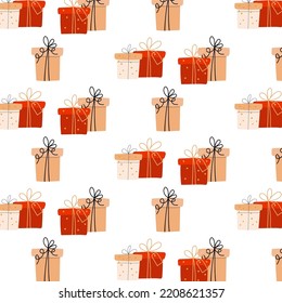 A pattern of colorful gifts, many different cute boxes with bows. vector illustration in cartoon style.