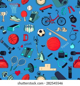 Pattern of colorful hand drawn doodle style health and fitness icons.