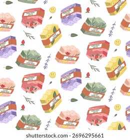 Pattern with colorful handmade soap pieces in the packaging. variety of fragrances with flowers, leaves, and berries. flat illustration with a seamless texture. Perfect for cosmetics, spa, wellness
