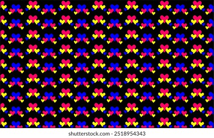 Pattern colorful hearts. Black background with blue, pink and yellow hearts. Can be used for wrapping paper, wallpaper, decoration, textile printing and more.
