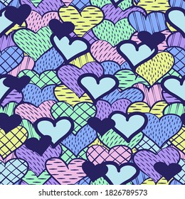 Pattern of colorful hearts. Cute doodle hearts, seamless vector pattern. Valentine's Day background. Design of a gift package. Decoration backdrop. Different shape of hearts and silhouettes.