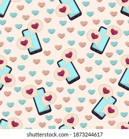Pattern with colorful hearts and mobile phones. Seamless background for Valentine's day. Online love chat symbols. Online dating.