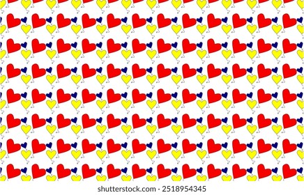 Pattern with colorful hearts. White background, red, blue and yellow hearts. Can be used for wrapping paper, wallpaper, decoration, textile printing and more.