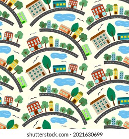 Pattern with colorful houses, lake and trees. Vector illustration for children. For use in childrens prints, packaging, promotions, covers and brochures, and toy stores.