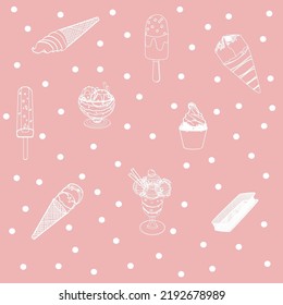 Pattern colorful ice cream. Collection ice-cream cones with different topping on pink background.