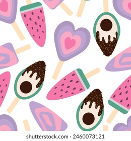 pattern with colorful ice cream on a stick, watermelon, avocado, heart