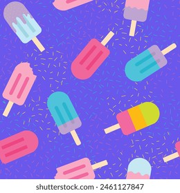 Pattern with colorful ice cream on a stick on a purple background