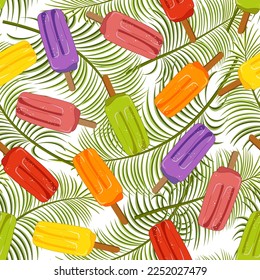 Pattern of colorful ice cream.Vector pattern of colorful ice cream on palm leaves.