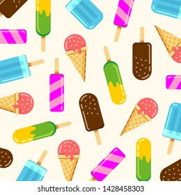 Pattern with colorful isolated ice cream. Hot summer time. Cold food flat vector illustration background