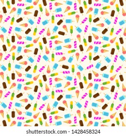 Pattern with a lot of colorful isolated ice cream. Hot summer time. Cold food flat vector illustration background