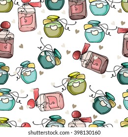Pattern with colorful jars for perfumes, textile pattern, seamless pattern wallpaper with jars, perfume wallpaper