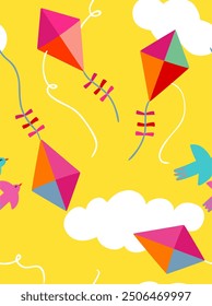 pattern of colorful kites and birds on a yellow background with white clouds, depicting a playful and vibrant scene.