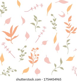 Pattern colorful leaves, branches and plants with white background. Vector illustration.