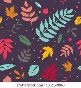 Pattern with colorful leaves and purple background. Vector flat seamless stylish template for wedding, invitations, textile, wrapping paper