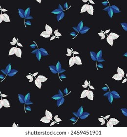 Pattern with colorful leaves.Vector seamless pattern with blue and white leaves on a black background.