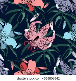 Pattern with colorful lily.Seamless vector floral print.Vintage textile texture
