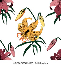 Pattern with colorful lily.Seamless vector floral print.Vintage textile texture