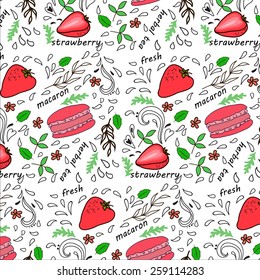 Pattern with colorful macaroon cookies on white. Vector illustration.