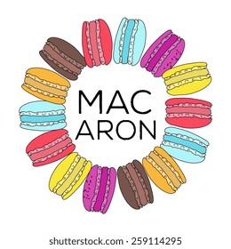 Pattern with colorful macaroon cookies on white. Vector illustration.