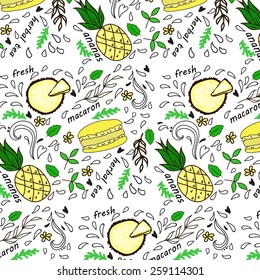 Pattern with colorful macaroon cookies on white. Vector illustration.