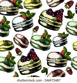 Pattern with colorful macaroons, hand drawing. Vector.