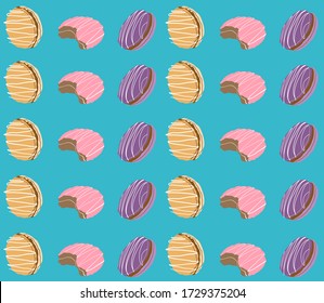 Macarones coloridos de patrón, pasteles de almendras de macarón, ilustración vectorial dibujada a mano. Biscuits con caramelo, lavanda, sabor a frambuesa, dulce, bonito postre. Para la cafetería o el menú del restaurante