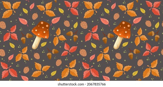 Pattern with colorful mushrooms and autumn leaves.Elegant floral background.  Repeat design for decor, textile, print.