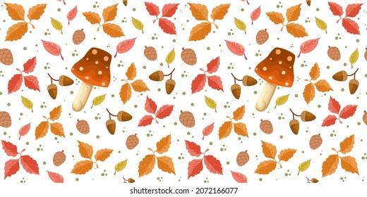 Pattern with colorful mushrooms and autumn leaves.Elegant floral background.  Repeat design for decor, textile, print.