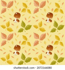 Pattern with colorful mushrooms and autumn leaves.Elegant floral background.  Repeat design for decor, textile, print.