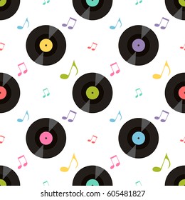 Pattern with colorful music notes and vinil records