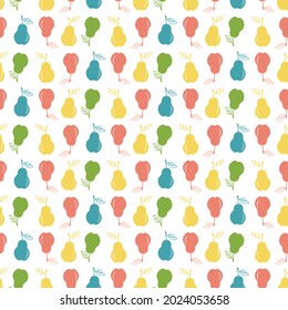 Pattern with colorful pears. Fruit illustration on a white background. Vector drawing. For use in prints, textiles, covers and packaging, flyers, menus, shops.