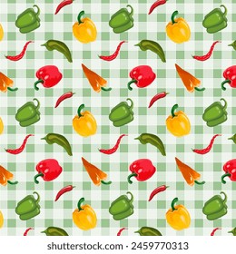 Pattern with colorful peppers.Vector seamless pattern with multi-colored peppers on a colored checkered background.